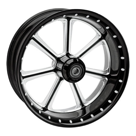Gloss black anodized Contrast Cut finish. 18"x 5.5" front wheel size which allows the use of a 180mm front tire on 2008-UP H-D Touring models. These extra wide front wheels pair perfectly with the PM Phatour 180 front wide tire kit. - Front - CNC machined from hammer forged aluminum to provide maximum structural strength - Complete with pre-installed bearings and spacers for a bolt-in installation - Suitable for tubeless tires - A striking Roland Sands design that is matched only by the detail of its finish