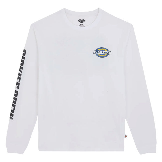 The Dickies Nashport long sleeve brings vintage racing culture into the here and now with an everyday design. Its relaxed design; finished with racing graphics on the back and sleeve; makes you want to fly around the track. This is a bold take on an authentic heritage piece. Available in black and white. Relaxed fit Made from durable 230 gsm cotton  Ribbed crew neck  Dickies Icon print on the left chest  Large racing print on the back  Screen print on the sleeve  Straight hem  Woven label