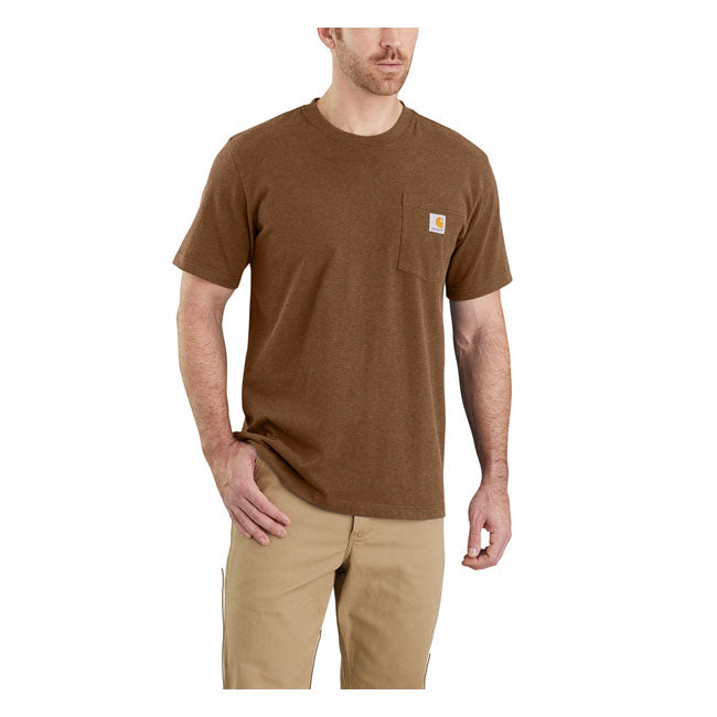 The Carhartt K87 Pocket t-shirt debuted in 1992; it's rugged cotton design and clean looks made it a fast favorite among the hard-working folks who pulled it on. This t-shirt is made with heavyweight cotton built to handle tough days on the job. Cut for a relaxed fit with a chest pocket so you can keep your essentials close. Available in a wide range of classic and seasonal colors. Relaxed Fit Rib knit crew neck Left chest pocket Flat two needle cover stitch hem Carhartt label sewn on pocket Woven 6.