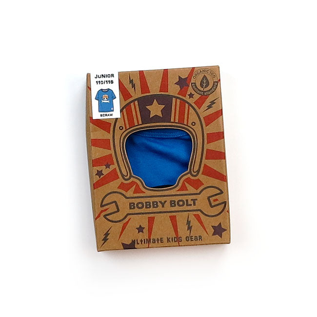 Bobby Bolt; born to be bold! Adventurous; streetwise; rebel; brave; naughty. For the next generation bikers we have the Scram t-shirt made from soft 100% organic cotton jersey fabric for ultimate daily comfort. Be bold be brave!