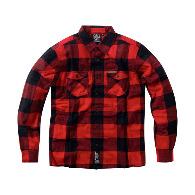 West Coast Choppers WCC Rigid Flannel Overhemd Rood Zwart Met Leren Badge Reguliere Pasvorm Geborstelde Katoen