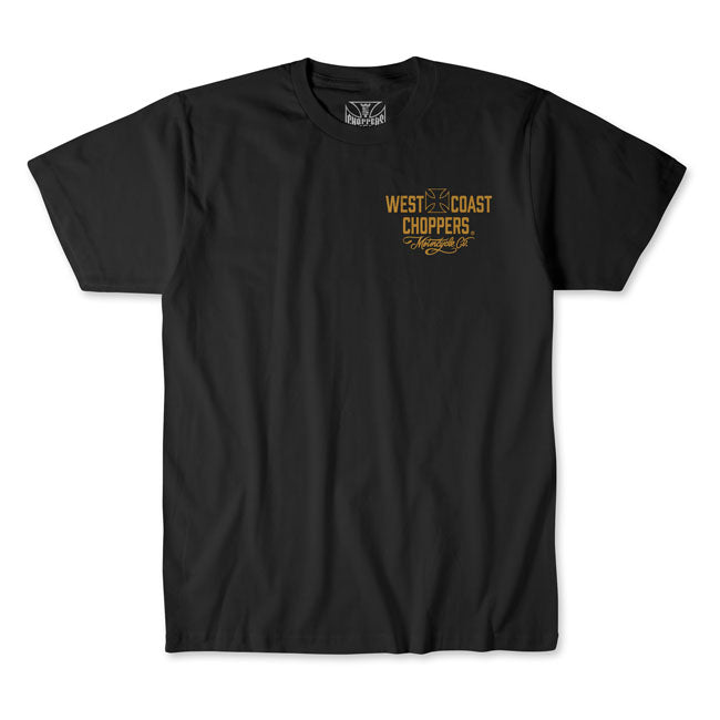 Ride in classic chopper style with the West Coast Choppers Motorcycle Co t-shirt. Crafted from 100% premium cotton; this t-shirt offers a comfortable fit and feel. Featuring the iconic Motorcycle Co. logo on both the front and back; it''s a bold statement piece for any rider. Available in several color combinations; this t-shirt combines comfort with the unmistakable West Coast Choppers attitude.