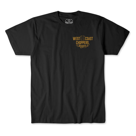 Ride in classic chopper style with the West Coast Choppers Motorcycle Co t-shirt. Crafted from 100% premium cotton; this t-shirt offers a comfortable fit and feel. Featuring the iconic Motorcycle Co. logo on both the front and back; it''s a bold statement piece for any rider. Available in several color combinations; this t-shirt combines comfort with the unmistakable West Coast Choppers attitude.