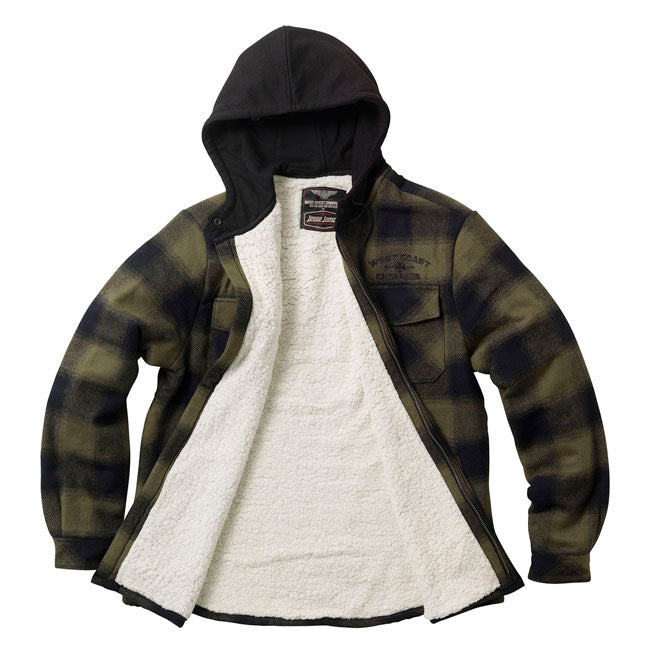 West Coast Choppers Hell Bent Flannel Jas Olijfgroen Zwart Met Sherpa Voering Capuchon YKK Rits Winddicht
