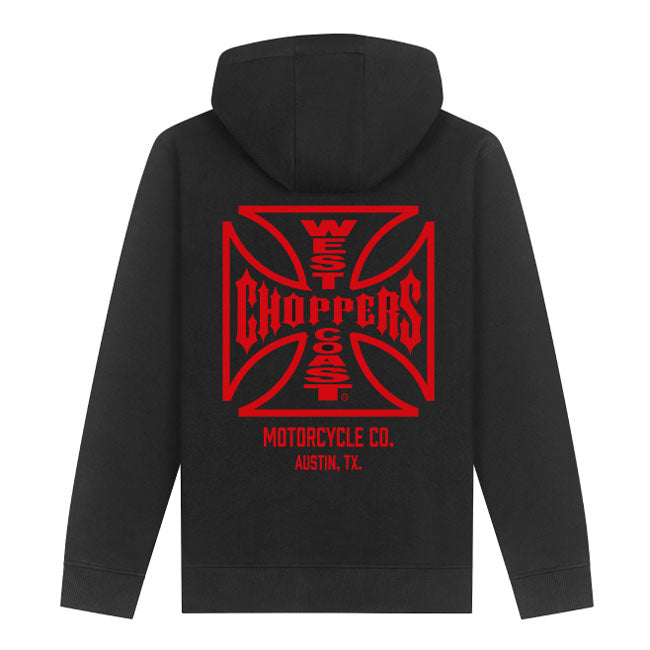 West Coast Choppers WCC ATX Cross Zip Hoodie Zwart Rood Met OG Crosslogo Rug En Borst Katoenblend