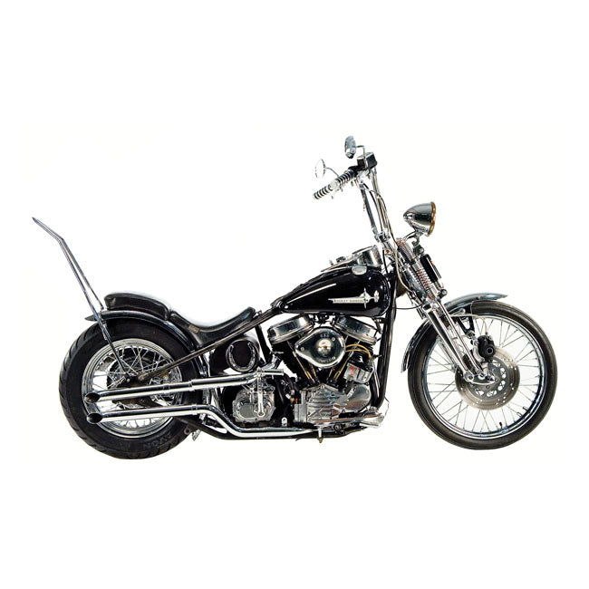 Chrome. S-pipe. Rigid frame. For use with universal mufflers. No slider channels. Use 512595 P-clamp to mount. Heatshield rear 903403.  Note: The S-pipe system is a 2-piece front header; like OEM; which is flattened to fit between generator and frame tube for improved ground clearance in right turns.  Note: Heatshields must be ordered separately when required. When heatshields are not mentioned they are not available.