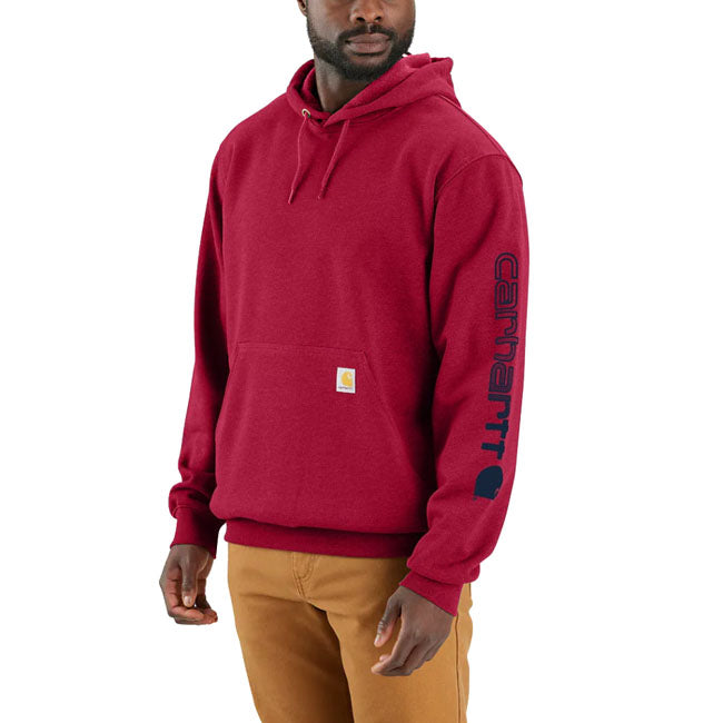 Cut the morning chill with this Carhartt Sleeve logo hoodie. A traditional cotton blend makes for versatile layering. Carhartt durability and familiar hoodie comfort mean you can strap on your tool belt or relax with equal ease. Available in a range of iconic and seasonal colors.  Loose fit Attached three-piece hood with adjustable draw cord Two lower front hand warmer pockets Stretchable; elastane reinforced rib knit cuffs and waistband Carhartt "Signature Logo" plastisol graphic print on left sleeve