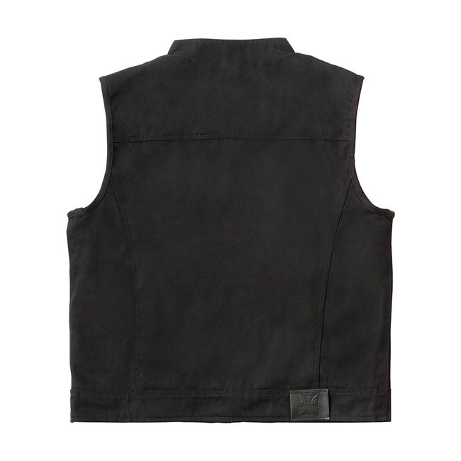 The West Coast Choppers x 13 1/2 Dominator black canvas riding vest is the result of the collaboration with the guys of 13 « Company. The idea of this vest came alive when visiting Europe in 2023 and meet up with the guys from 13 1/2 and Motorcycle Storehouse. The result is a set of 3 riding vests made of leather; canvas or denim. All of each with cool little details and an inside lining with one of West Coast Choppers Finest copper bikes. The vest will even look better the more you wear it; with several i