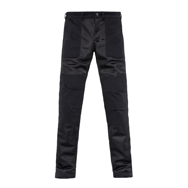The John Doe Aero Mesh pants complement the popular Aero Mesh series and offer motorcyclists an optimum combination of protection; comfort and ventilation for hot summer days. Thanks to the extremely perforated construction; these motorcycle pants guarantee excellent air circulation and thus ensure a pleasant riding experience even in extreme temperatures. The popular tapered fit; a straight cut with a slightly tapered leg; completes the pants. The Aero Mesh pant is easy to adjust thanks to an elasticated a