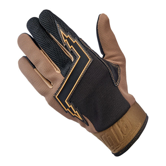 The ''80s were the Golden Age of American motocross; when advances in gear design and material technology moved even faster than the legends who wore the stuff. That era and those riders were the inspiration for these Biltwell Baja gloves.  - Goat leather palm and thumb reinforcement for added toughness in these high friction areas.  - Synthetic suede palm and thumb construction for a snug; comfortable fit.  - Stretch polyester construction on ring and pinkie fingers for maximum flexibility.  - Three-ply wo