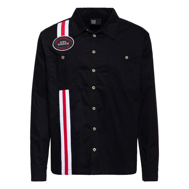 Ready for pole position in your style? The King Kerosin Los Angeles shirt embodies racing aesthetics and L.A. attitude. The striking back patch featuring a cat and piston is a real eye-catcher and underscores the brand''s rebellious DNA. At the front; the embroidered chest patch; combined with the red and white racing stripes; creates a sense of speed in everyday life. Thanks to a regular fit; classic Kent collar; and robust fabric; the shirt sits comfortably; whether worn open or buttoned up. Two buttoned 
