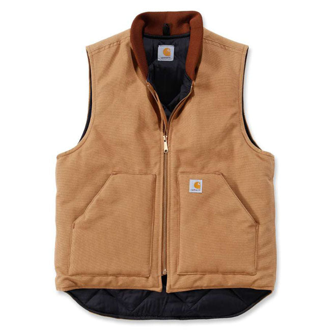 The Carhartt Firm duck insulated vest is water repellent and wind resistant; 12 oz Firm Hand Duck. A great extra layer. Relaxed fit Wind FighterT - Wind resistant Rib knit neck finish Two lower front patch pockets with lining Left inside pocket with hook-and-loop closure Full-length front zipper with interior storm flap Drop-tail hem for added coverage Triple stitched main seams Carhartt label sewn on pocket Woven 12 oz/ydý - 407 gsm Firm Duck Nylon lining quilted to arctic-weight-polyester in