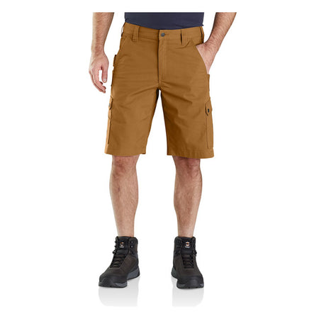 RELAXED FIT; 11" INSEAM LENGTH ú 8 oz/ydý - 271 gsm ú 59% Cotton/39% Polyester/2% Elastane ú Stretch Ripstop ú Rugged FlexT - Eases movement ú Cordurar -lined front ledge pockets ú Coin pocket in right front pocket ú Multiple utility pockets ú Two large cargo pockets with flaps and snap closures ú Two reinforced back pockets ú Carhartt label sewn on pocket