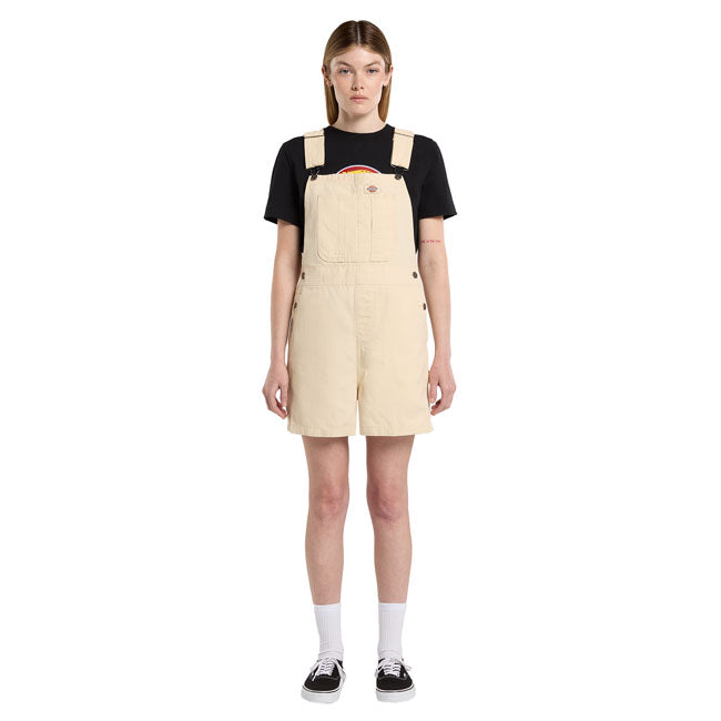 The Dickies Canvas lightweight short female bib is a relaxed fit denim bib with slight A-line leg. Made out of 8.1oz garment washed cotton canvas; featuring frontslanted pockets; front patch pocket; back carpenter pockets; adjustable strap and waist shanks; and woven Dickies labels above front chest pocket and on back patch pocket. A stylish and comfortable work inspired piece for the warmer months. Relaxed fit with slight A-line leg 100% cotton