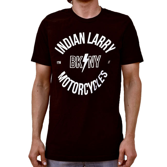 Indian Larry was a born and raised New Yorker who discovered his passion for mechanics at a very early age. He drew inspiration from motorcycle clubs of the `50s and `60s. So; rep your roots with the BK/NY t-shirt from Indian Larry. A bold black t-shirt stamped with the unmistakable BK/NY logo in crisp white; front and back. Made from 100% pre-shrunk cotton and proudly crafted in the USA; this t-shirt is a tribute to Brooklyn grit and chopper legend style.