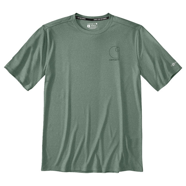 Stay protected and comfortable in the Carhartt Force Sun Defender t-shirt. Engineered to shield you from harmful UV rays; it's perfect for long days outdoors. This performance-driven t-shirt also features sweat-wicking technology to help you stay dry; no matter how hard you're working. Relaxed Fit Carhartt ForceT - FastDryT Technology is engineered to fight sweat and dry fast; so you stay cool and comfortable 24/7 Flat two needle cover stitch hem Carhartt "C Logo" silicon graphic on front left chest EN