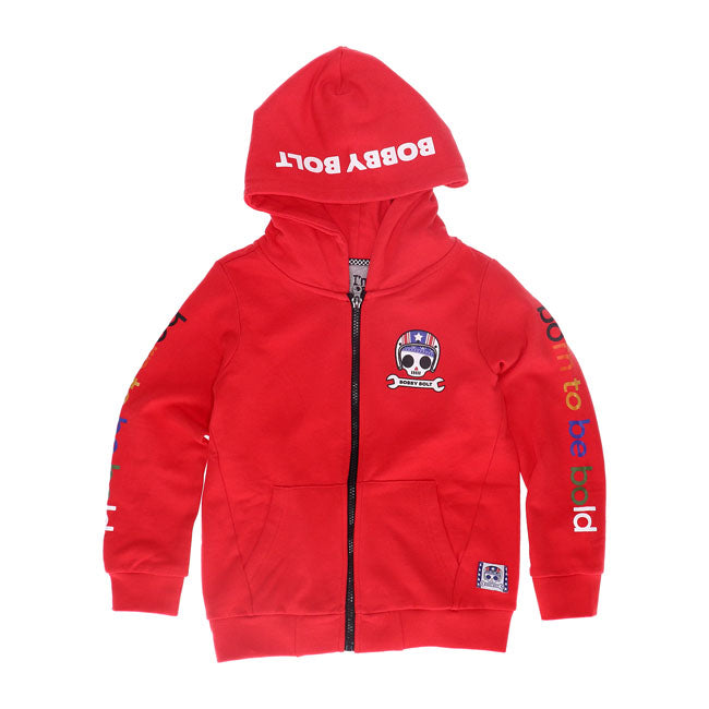 Bobby Bolt; born to be bold! Adventurous; streetwise; rebel; brave; naughty. For the coolest little humans we have this great full zip hoodie made from soft 100% organic french terry cotton fabric for ultimate daily comfort. Available in red; navy and army. Be bold be brave!