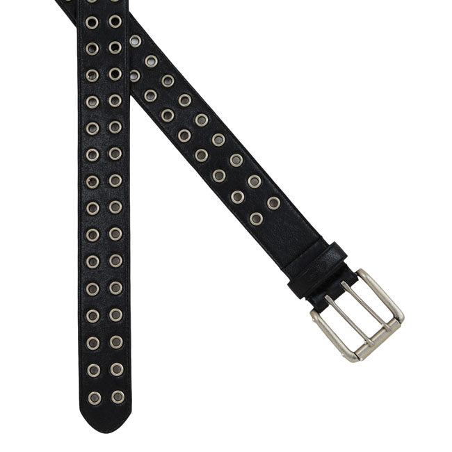 The Dickies Somerville belt is an authentic leather-look studded belt made for all occasions. Made with synthetic leather with cracked surface; this belt features double prong fastening; multi metallic eyelets; and embossed logo. An authentic faux leather belt made for all occasions.