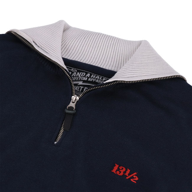 13 1/2 Outlaw Half Zip Trui Marineblauw Offwhite Katoen Gestreepte Mouwen Biker Stijl Dagelijks Comfort