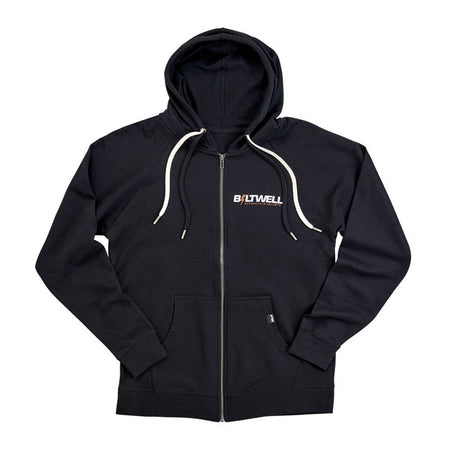 This Biltwell Bolts lightweight zip hoodie comes with two drawstrings so you can pull out your least favorite and keep the one you want. We usually pull them out altogether; so they don't get caught in machinery; but that's up to you! 7.5oz. ring spun cotton makes for a super-comfortable; thin hoodie. The thumbholes in the cuffs are great for keeping your sleeves up while riding the wild thunder.