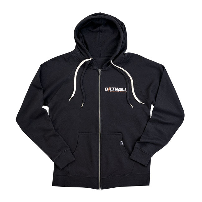 This Biltwell Bolts lightweight zip hoodie comes with two drawstrings so you can pull out your least favorite and keep the one you want. We usually pull them out altogether; so they don't get caught in machinery; but that's up to you! 7.5oz. ring spun cotton makes for a super-comfortable; thin hoodie. The thumbholes in the cuffs are great for keeping your sleeves up while riding the wild thunder.