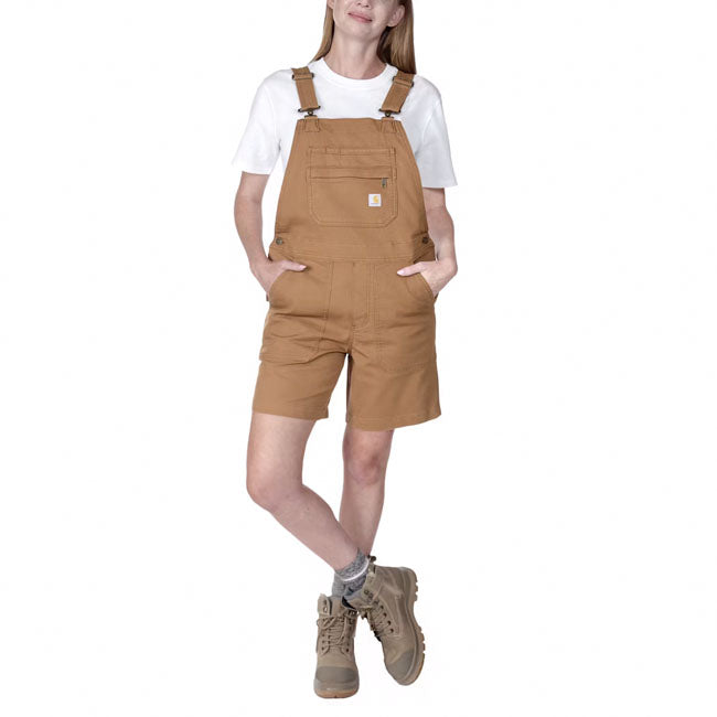 The first Carhartt bibs were created to keep Detroit railroad workers safe and comfortable on the job. These female shortall''s are made with the same durability for hard work on warmer days. Midweight canvas with Rugged FlexT stretch technology gives you freedom of movement your job requires. Relaxed Fit Rugged FlexT - Allows for more movement Multi compartment bib pocket with secure zipper closure Two lower front pockets Right leg utility band Triple stitched main seams Carhartt label sewn on pocke