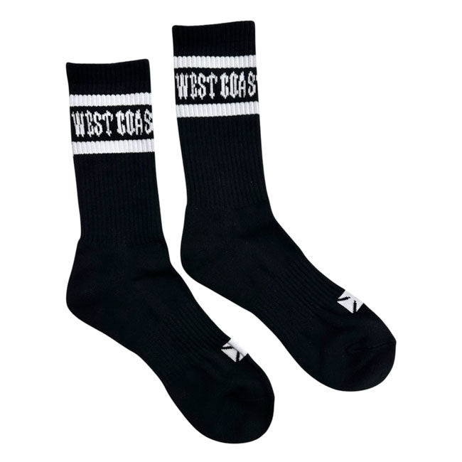 Pair of black crew socks with West Coast Choppers around the leg en the cross logo at the upper feet.
