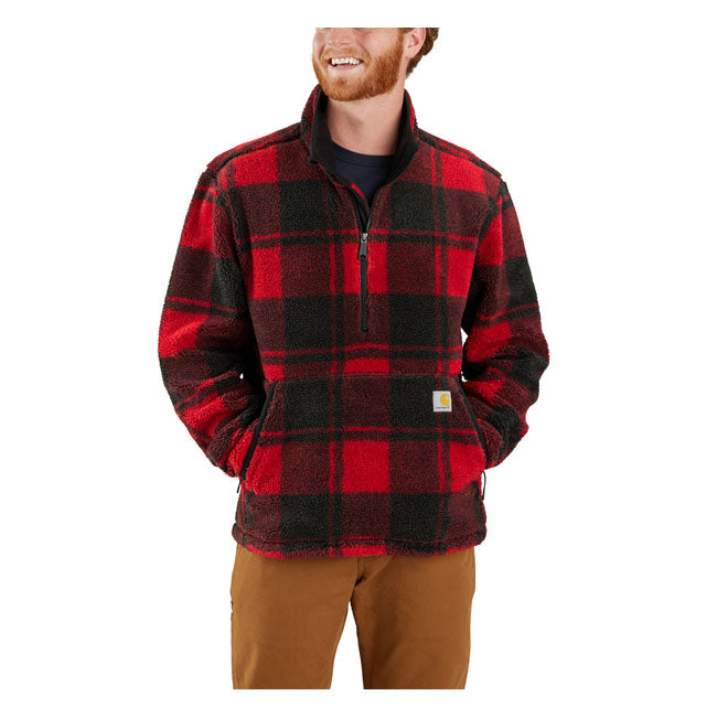 Designed for layering; this Carhartt fleece pullover is cut with a loose fit for ample room to move. It's crafted from soft fleece for warmth and comfort during workdays and outdoor adventures. A drawcord hem can be adjusted to keep out the cold air. Loose fit Mock neck Two lower front hand warmer pockets with zip closure Half-length front zipper Elastic cuffs Draw cord adjustable hem Carhartt label sewn on pocket Woven 9.7 oz/ydý - 329 gsm Sherpa Fleece 100% Polyester