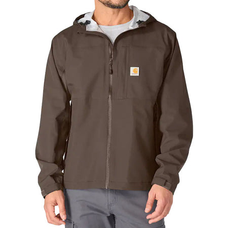 Rainy day? Bring it on. This lightweight Carhartt jacket seals out wind and heavy rain; so you stay dry and comfortable. Complete with water-repellent zippers and an adjustable hood; it has a fully seam-sealed design. Store small essentials inside the multiple pockets; and pack the jacket into its own pocket once the sun breaks through. Relaxed Fit Rain DefenderT - Durable Water repellent finish Wind FighterT - Wind resistant Storm DefenderT - Waterproof breathable laminated membrane Attached three-pie