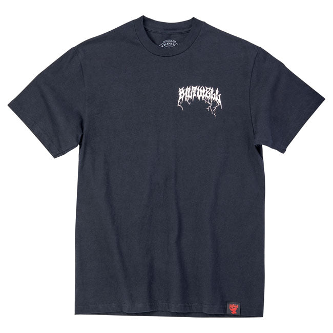 Scary heavy metal fonts and choppers go together like a tall boy and a paper bag for a koozie. 100% pre-shrunk 6oz cotton t-shirt is detailed with hand-screened water-based inks; woven clip tags and the irritating collar tag has been replaced by a screen-printed label. Biltwell consider this the perfect t-shirt blank; it''s got a buttery feel and is thick enough to be durable; but not a baggy old man shirt. It''s a true regular-fit; not a super thin slim-fit.