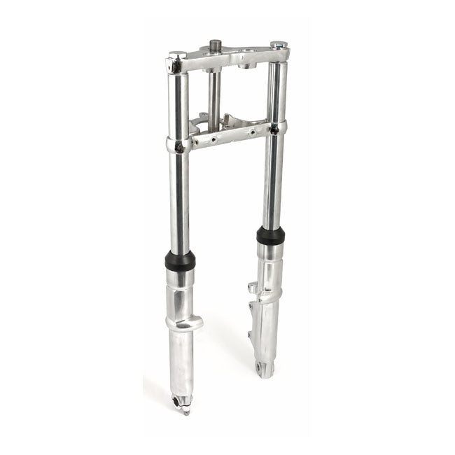 Chromed aluminum lower fork sliders. Single disc. Complete with a chrome triple tree set and include 41mm fork tubes; lower sliders; hard chromed fork tubes complete with all internal components and fork plugs. Ready to install. Takes stock type disc brake caliper. Made as an OEM style replacement; but don''t let that stop you from using them in custom applications.
