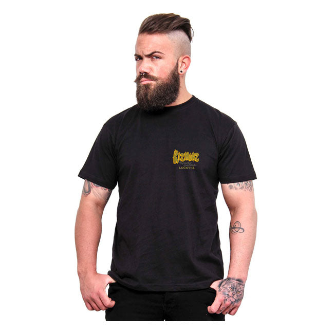 The Lucky 13 Kizmiaz t-shirt is a soft-spun heavyweight 100% cotton t-shirt. Features rib knit collar; shoulder to shoulder taping; cover seamed neck and double needle sleeves. There is a full print on the back and logo print on the front of the t-shirt. Lucky 13; to the good times!