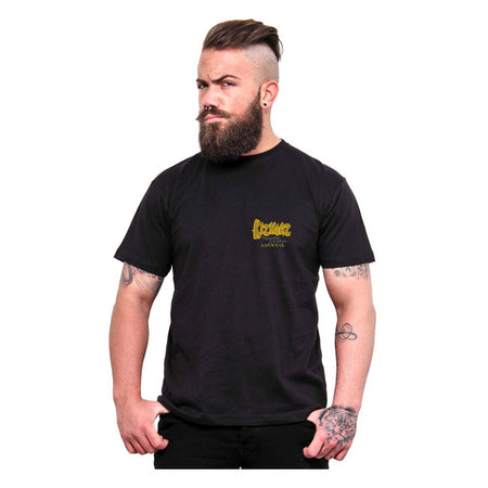 The Lucky 13 Kizmiaz t-shirt is a soft-spun heavyweight 100% cotton t-shirt. Features rib knit collar; shoulder to shoulder taping; cover seamed neck and double needle sleeves. There is a full print on the back and logo print on the front of the t-shirt. Lucky 13; to the good times!