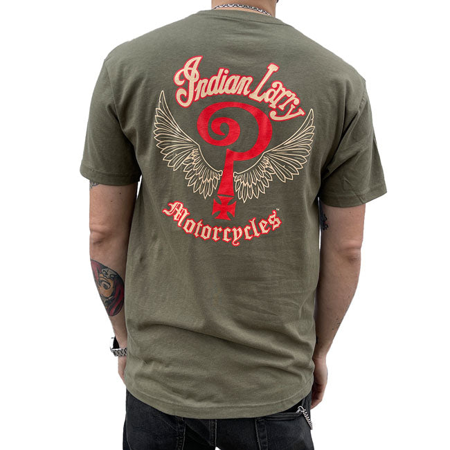 Indian Larry Logo T Shirt Legergroen 100 Katoen Met Logo Voorkant En Achterkant New York Chopper Cultuur