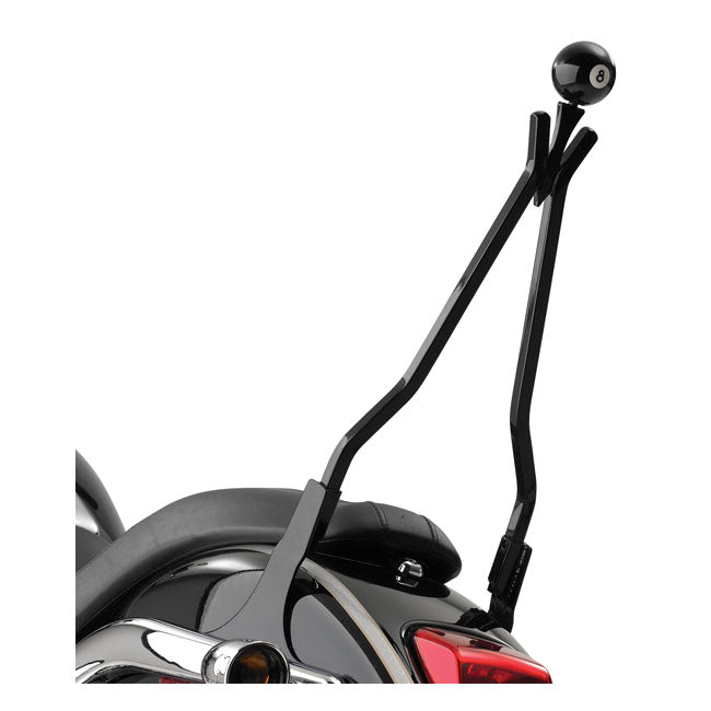 Model specific. Black powder coated. 18" tall. Made from 9/16" square steel bar. Can be used with stock or aftermarket side plates. Multitude sissy bars come with a threaded portion on top of the sissy bar. The ''Multitude Toppers'' are 3/8-16 threaded knobs that can be placed on top of these sissy bars.  Note: Multitude knobs are separately available as 968272 eyeball; 968273 8-ball; 968274 Devil face ball; 968275 Devil head; 968276 Skull head.  Note: Side plates not included.  Note: Will not fit ''Plug-N-