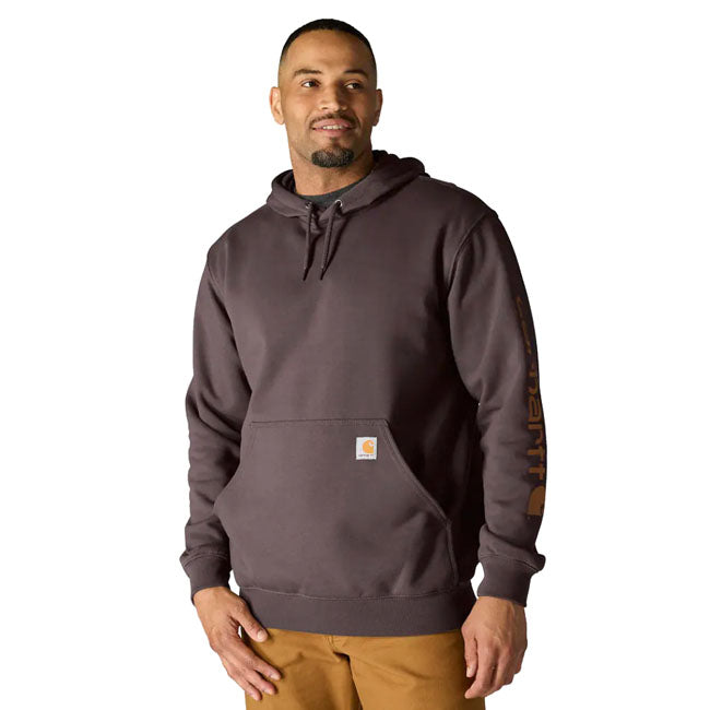 Cut the morning chill with this Carhartt Sleeve logo hoodie. A traditional cotton blend makes for versatile layering. Carhartt durability and familiar hoodie comfort mean you can strap on your tool belt or relax with equal ease. Available in a range of iconic and seasonal colors.  Loose fit Attached three-piece hood with adjustable draw cord Two lower front hand warmer pockets Stretchable; elastane reinforced rib knit cuffs and waistband Carhartt "Signature Logo" plastisol graphic print on left sleeve