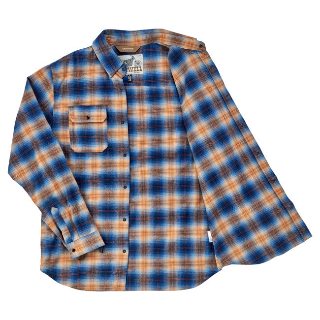 Biltwell HI Test Flanellen Overhemd Baja Blauw Oranje Plaid Met Roestvrijstalen Snaps En Verborgen Kraagknopen