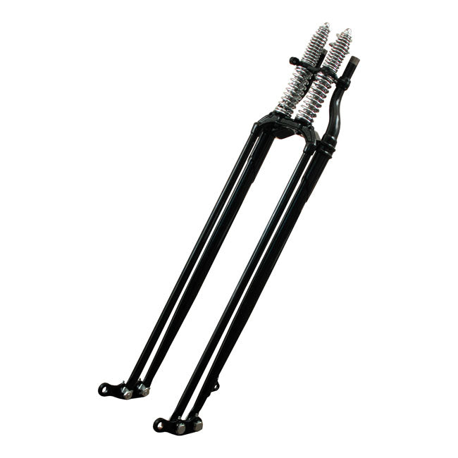 - Fork: Black - Front legs: Black - Rockers black parkerized finish; like OEM - Springs: Chrome - Rake: Inline - 1" diameter fork stem - Length: +4" (Standard length is approx. 19" (48cm) from bottom fork stem bearing to the center of the wheel axle) - Made from drop forged steel - With stock style oval rear legs - NEVER ride a bike fitted with any Springer type fork without an adequate damping system!