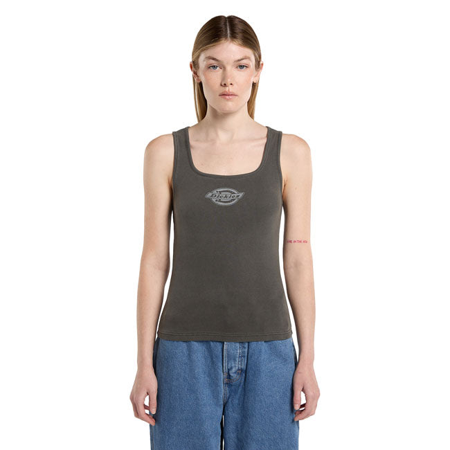 The Dickies Plainville female Tanktop is a slim fit tanktop. Made out of 275GSM garment dyed; ribbed recycled cotton with added elastane; features include faded front Dickies icon print.  Slim fit 94% BCI cotton / 6% elastane 275 GSM