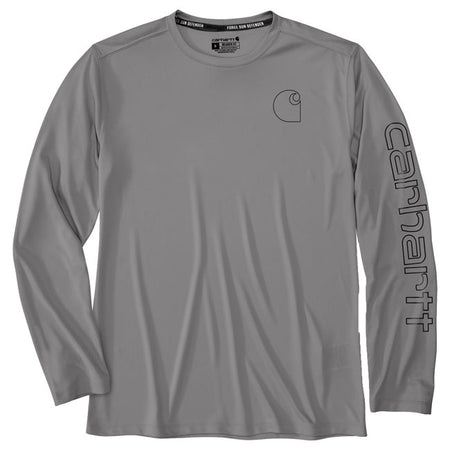 The Carhartt Force Sun Defender long sleeve is built to keep you protected and comfortable during long days outdoors. Designed with UPF protection to block harmful UV rays; it also features sweat-wicking technology to help you stay dry when the work heats up. Lightweight and breathable; it's a must-have for sunny workdays. Relaxed Fit Carhartt ForceT - FastDryT Technology is engineered to fight sweat and dry fast; so you stay cool and comfortable 24/7 Flat two needle cover stitch hem Carhartt "Logo Grap