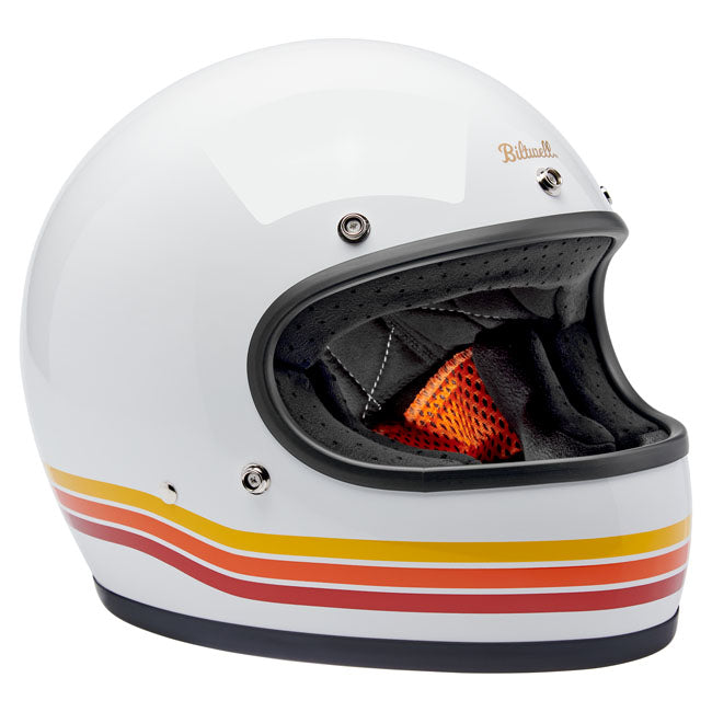 The Biltwell Gringo takes its ''60s motorsport aesthetic and elevates it to modern ECE R22.06 and DOT motorcycle standards. The injection-molded ABS outer shell is rugged yet lightweight with hand-painted beautiful colors. Removable/replaceable comfort liner and cheek pads feature brushed fleece Lycra touch points to absorb and evaporate perspiration. Also there are speaker cut-outs for intercoms and a double d-ring chin strap.