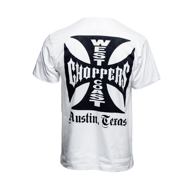 Solid white tee made out of 100% cotton; featuring the og west coast choppers atx logo in silk screen print. Comfortable t-shirt perfect for every casual occasion.