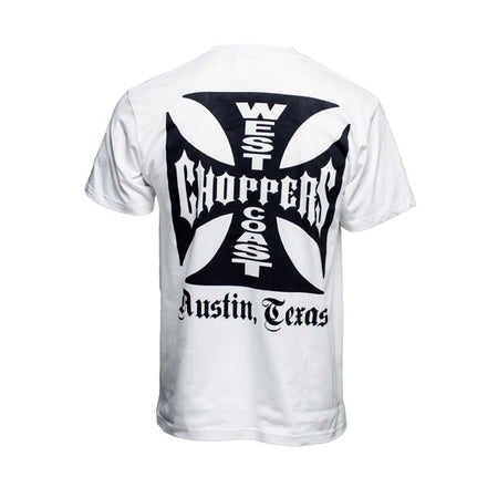 Solid white tee made out of 100% cotton; featuring the og west coast choppers atx logo in silk screen print. Comfortable t-shirt perfect for every casual occasion.
