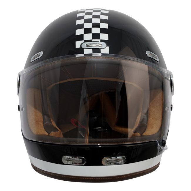 The By City Roadster III helmet blends timeless design with advanced safety. Crafted from fiberglass; it offers durability and a lightweight feel. The leather-finished; removable; and washable multi-density padding ensures maximum comfort; while ventilation inlets and a rear fastening system provide added functionality. The injected visor; anti-fog ready with by laminate; guarantees clear vision in any weather. A double buckle closure ensures a secure fit; and it's Bluetooth system ready for seamless connec