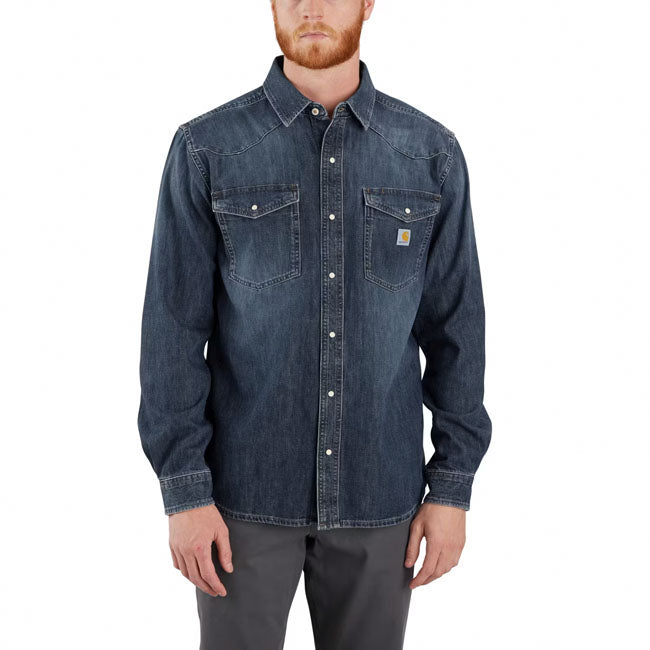 Relaxed fit ú 7.75 oz/ydý - 263 gsm ú 87% cotton/13% polyester ú denim shirting ú two-piece stand collar ú long sleeve ú two chest pockets with snap closure ú pearl snap front closure ú adjustable snap sleeve cuffs ú carhartt label sewn on pocket
