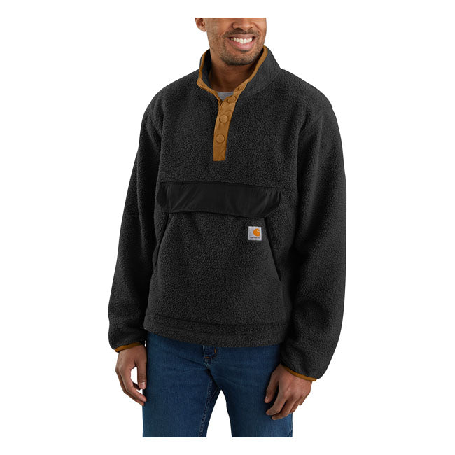 Carhartt''s version of the classic fleece pullover. This warm layer works well Monday-Friday or for short hikes on the weekends. It has a relaxed fit; so it layers easily over t-shirts and flannels. Adjust the drawcord at the hem to seal out the cold. Relaxed Fit Mock neck Front kangaroo pocket; with flap and pocket entrance at side and top Four-snap front closure Carhartt label sewn on lower front Woven 8.5 oz/ydý - 289 gsm Sherpa Face Fleece 100% Polyester