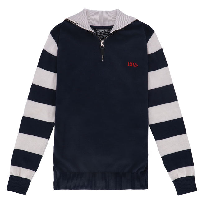 Born for the rebels; built for the road; the 13 1/2 Outlaw half-zip sweater is the perfect fusion of classic biker grit and everyday comfort. Inspired by the legendary motorcycle-club sweaters of the past; this piece is crafted from 100% premium cotton; delivering a tough yet lived-in feel. The half-zip design adds effortless edge; while the bold 13 1/2 branding on the back makes sure they see you coming. Whether you''re tearing up the asphalt or kicking back after the ride; this striped essential is a time