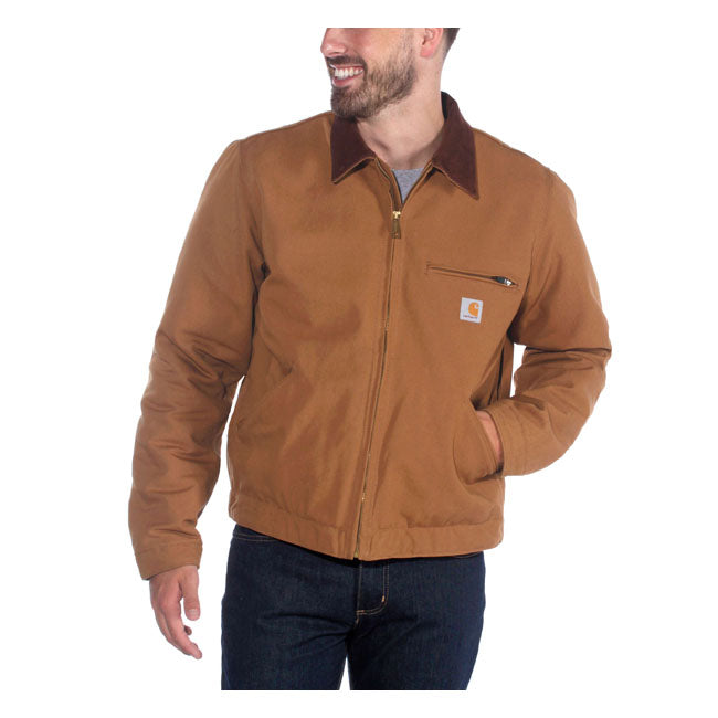The Detroit lined jacket built a reputation for toughness on the backs of warehouse workers; farmhands; and ranchers across America. This jacket is made of cotton duck that's rugged and durable. It has a warm blanket lining down the body with smooth quilted nylon through the sleeves. The drop tail hem provides extra coverage but leaves enough room for your tool belt. Relaxed fit Wind FighterT Wind resistant Open collar Left chest pocket with zipper closure Two lower front welt pockets Two interior poc