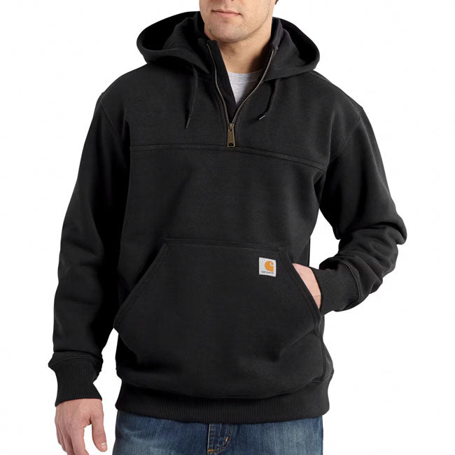 Loose fit ú 13 oz/ydý - 441 gsm ú 55% cotton/45% polyester ú dwr fleece ú rain defenderT - durable water repellent finish ú attached three-piece hood with adjustable draw cord ú mock neck ú front hand warmer pockets with hidden media pocket ú quarter length front antique-finish brass zipper ú stretchable; elastane reinforced rib knit cuffs and waistband ú carhartt label sewn on pocket