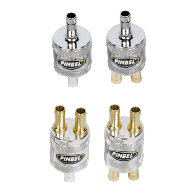 Machined aluminum finish. For 5/16 (8mm) fuel hose. This is a high flow aluminum fuel filter; capable of keeping up with the volume that a Pingel petcock can flow. Comes with a cleanable 40 micron bronze filter element.